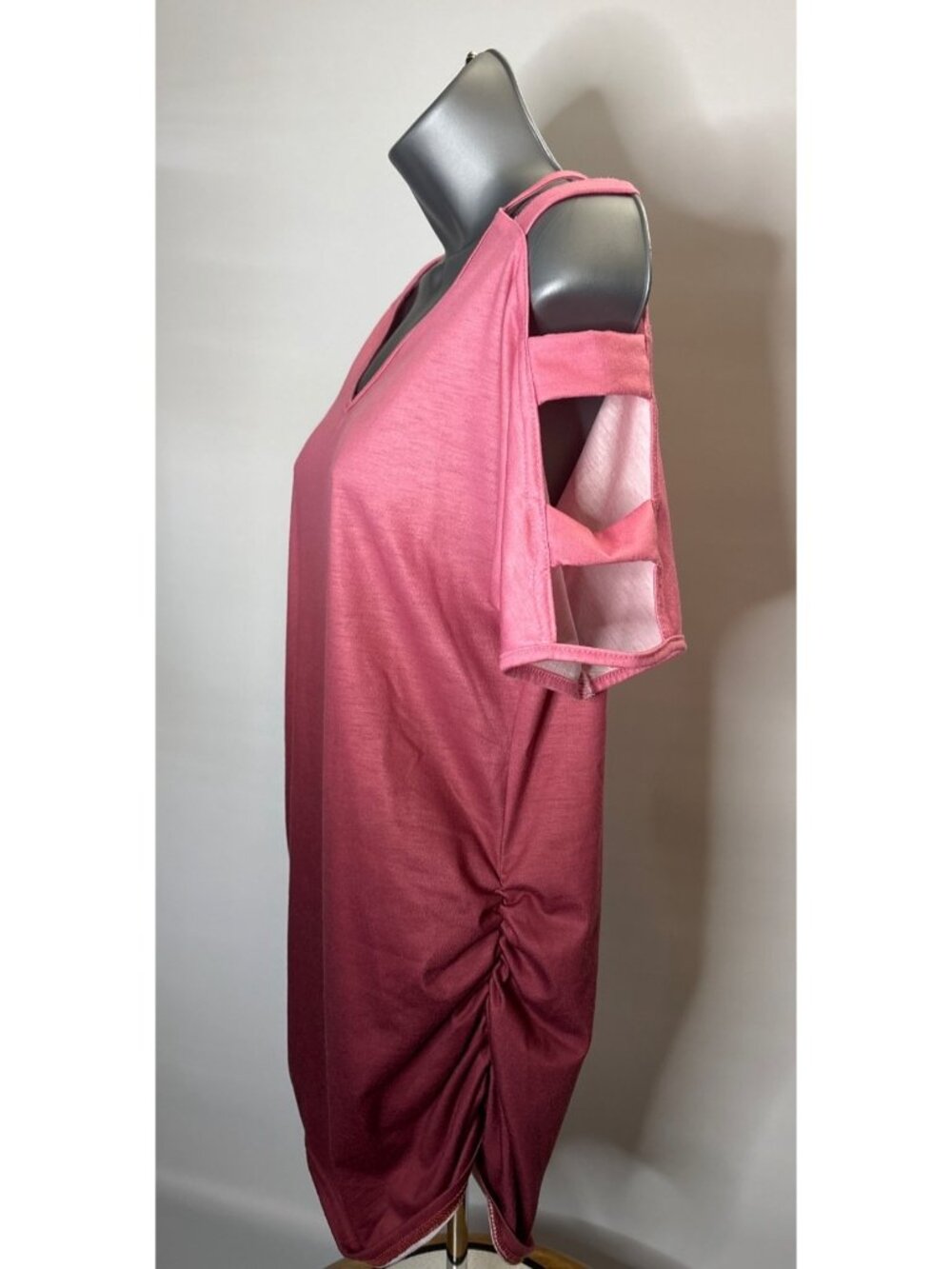 Women's V-Neck Pink Cutout Shoulder Shirt Ruched Side Seam Mauve Rose Tunic - Picture 3 of 16
